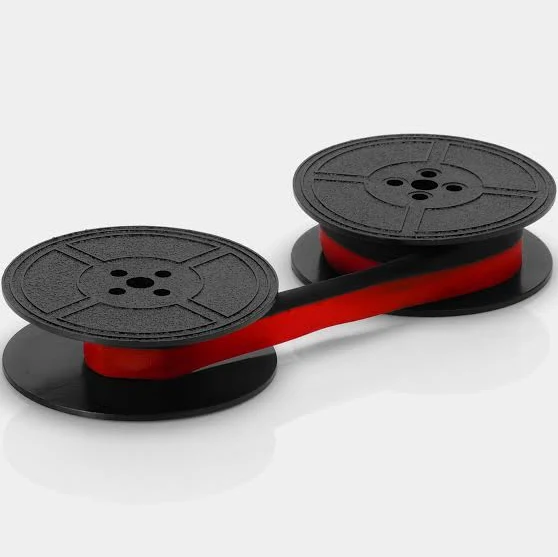 An old-style typewriter ribbon, a long, narrow piece of cloth
impregnated with ink and wound onto two spools. On this one, the top
half of the strip is black and the bottom half is red.